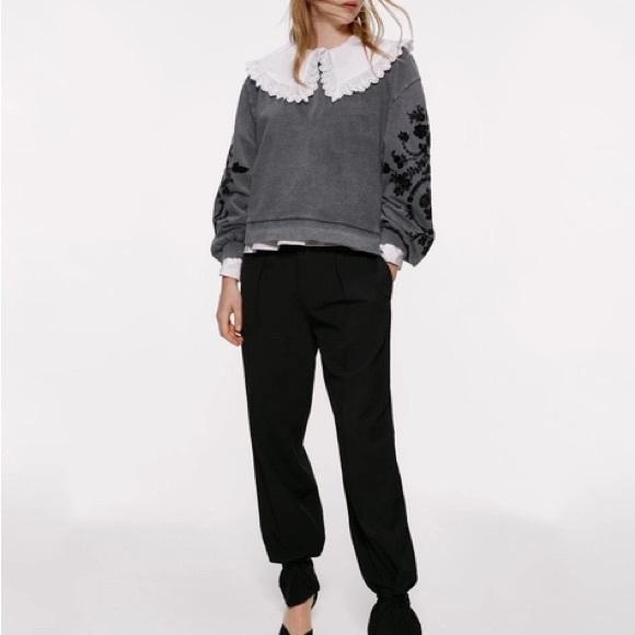 Zara Cropped Sweat Shirt Gray & Black Floral Flocked Balloon Sleeve Sz XL - Picture 4 of 13